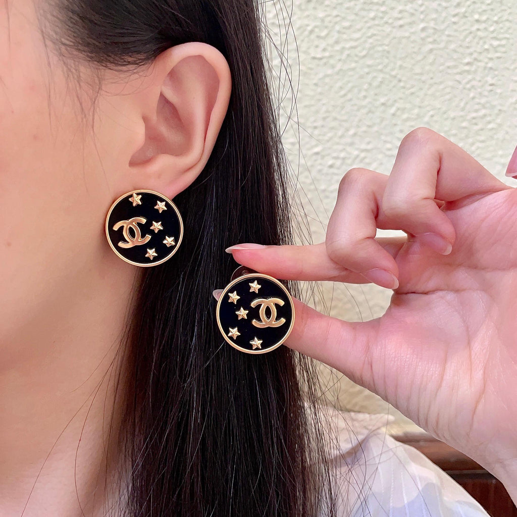 Double-C Emblem Stud Earrings in Polished Metal-Tone – Star Detail – Design 006 main product view