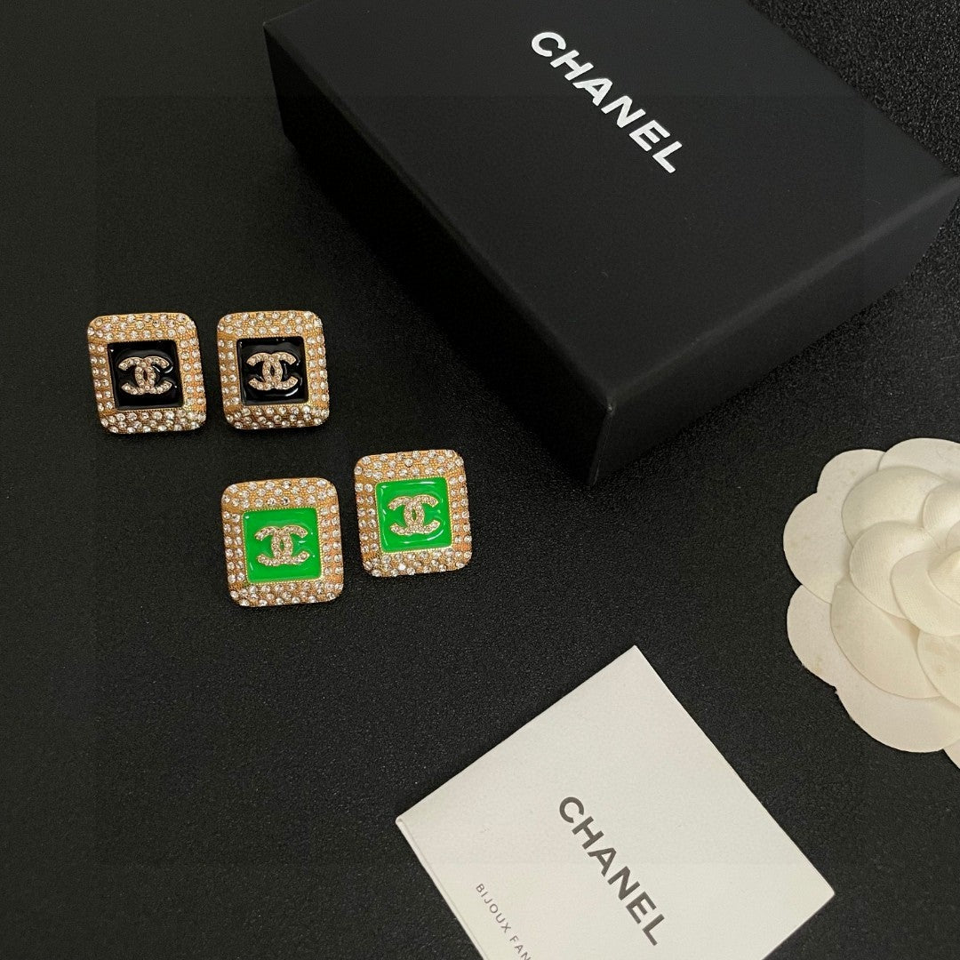Double-C Emblem Crystal-Accent Stud Earrings – Design 035 detail view