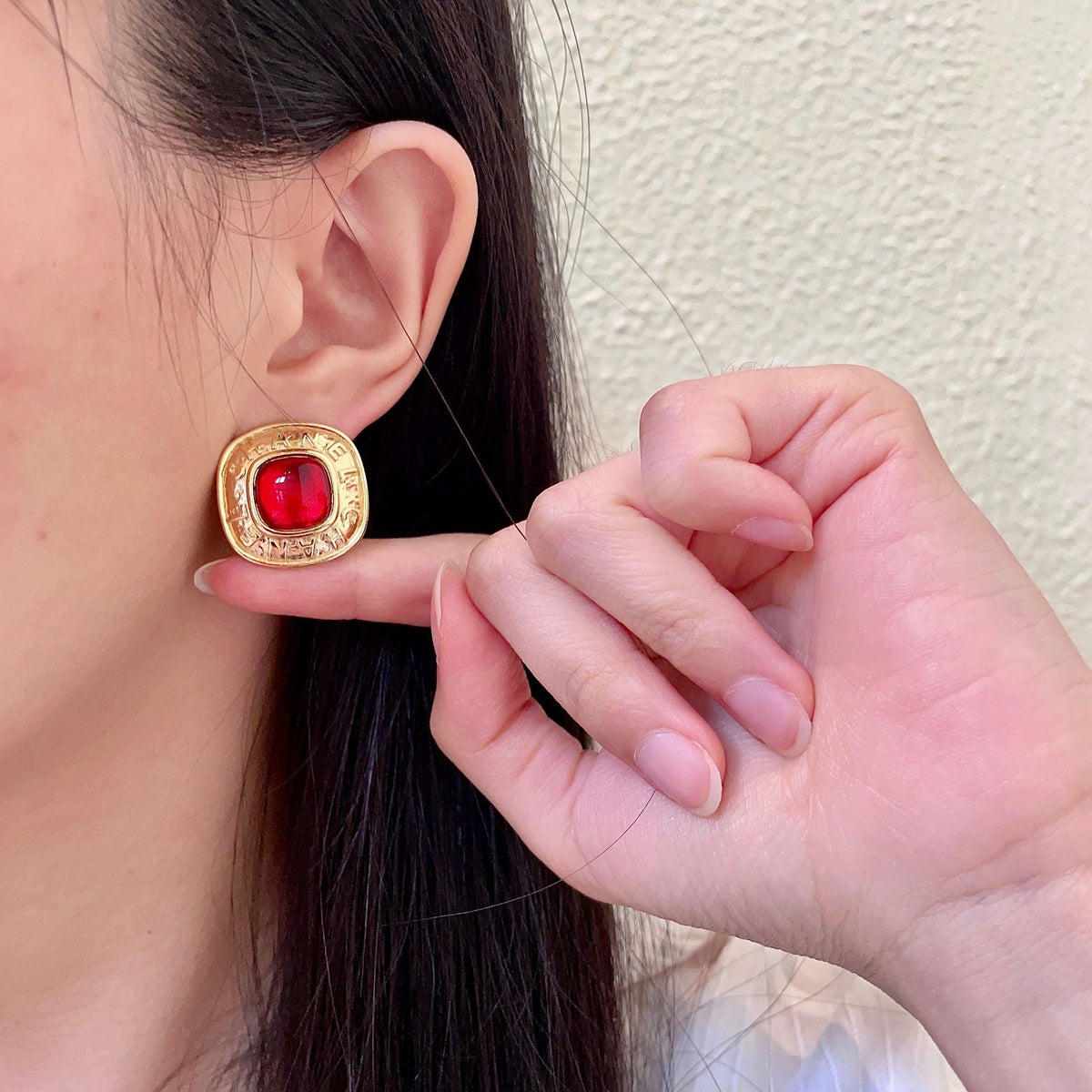 Double-C Emblem Stud Earrings in Polished Metal-Tone – Design 254 front product view