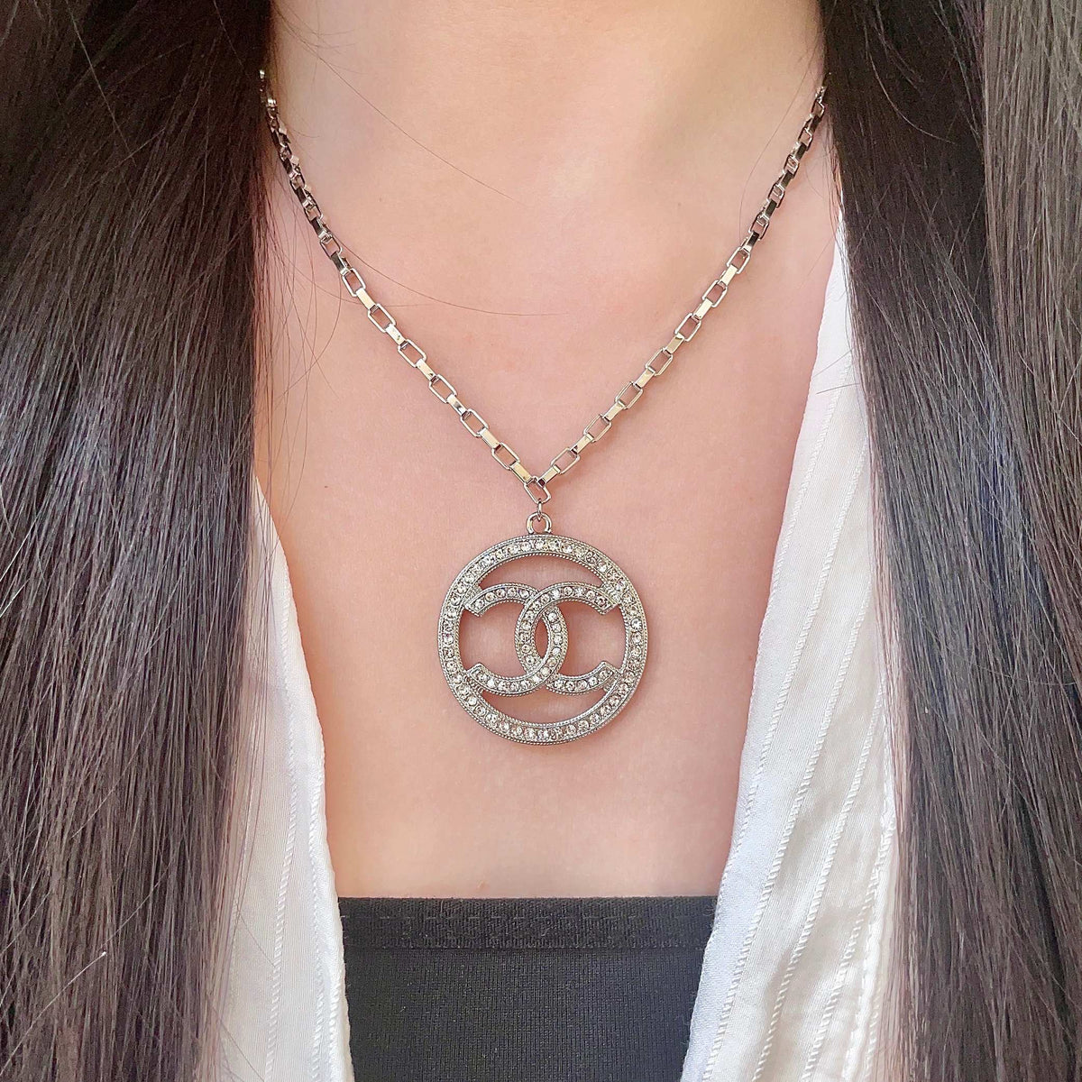 Double-C Emblem Crystal-Accent Pendant Necklace – Design 013 detail view
