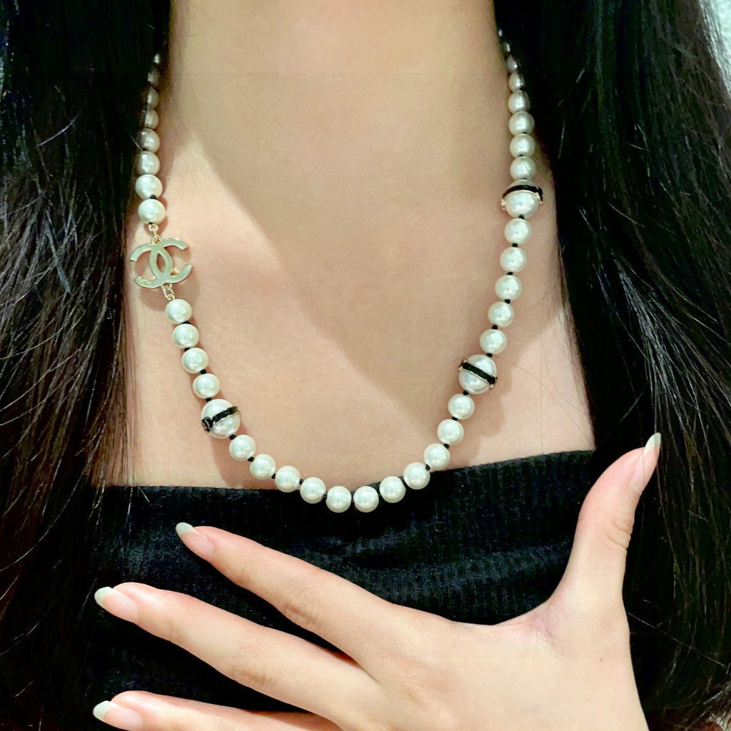 Double-C Emblem Pearl-Detail Pendant Necklace – Pearl Detail – Design 100 front product view