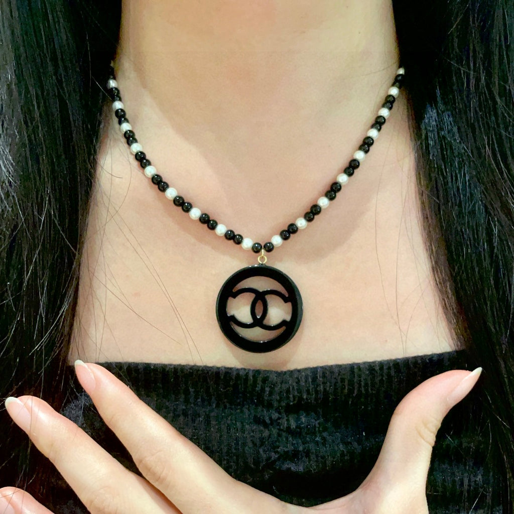 Double-C Emblem Pearl-Detail Pendant Necklace – Pearl Detail – Design 099 front product view