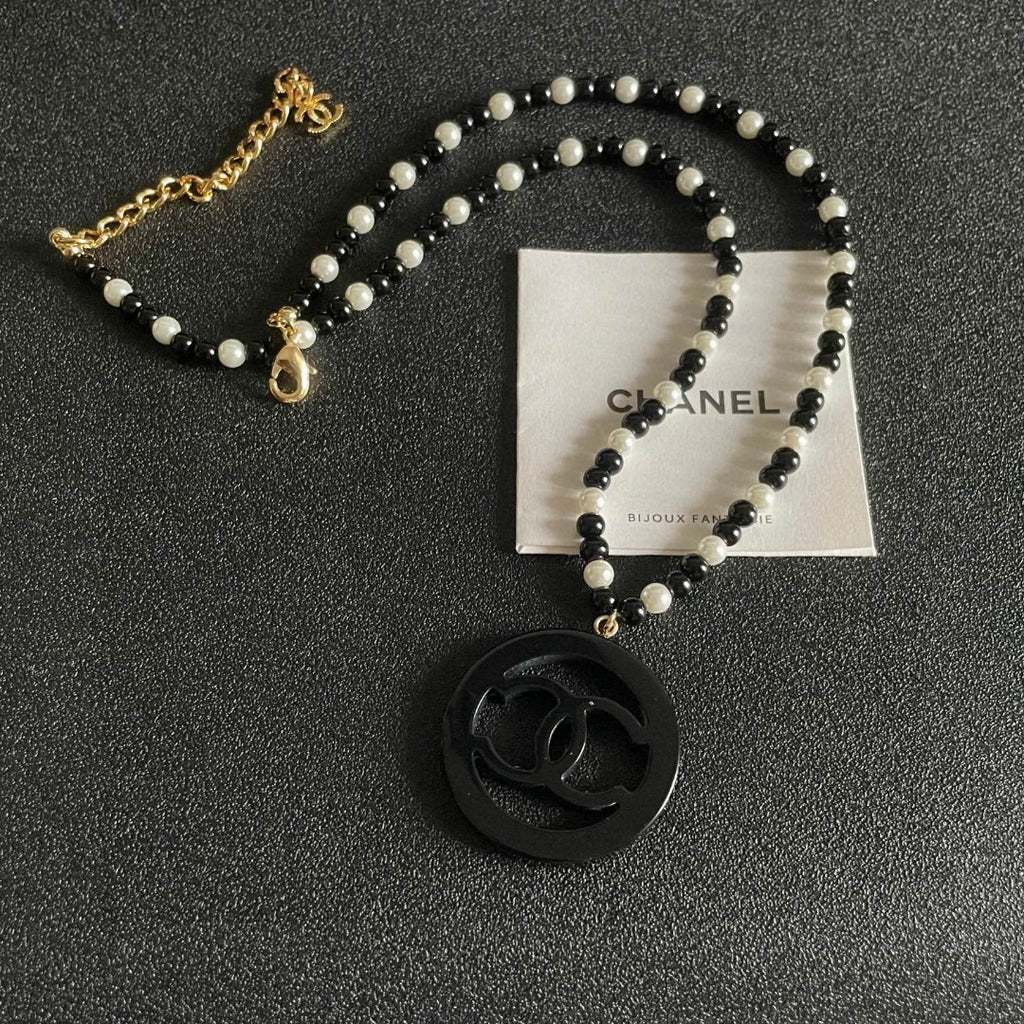 Double-C Emblem Pearl-Detail Pendant Necklace – Pearl Detail – Design 099 front product view