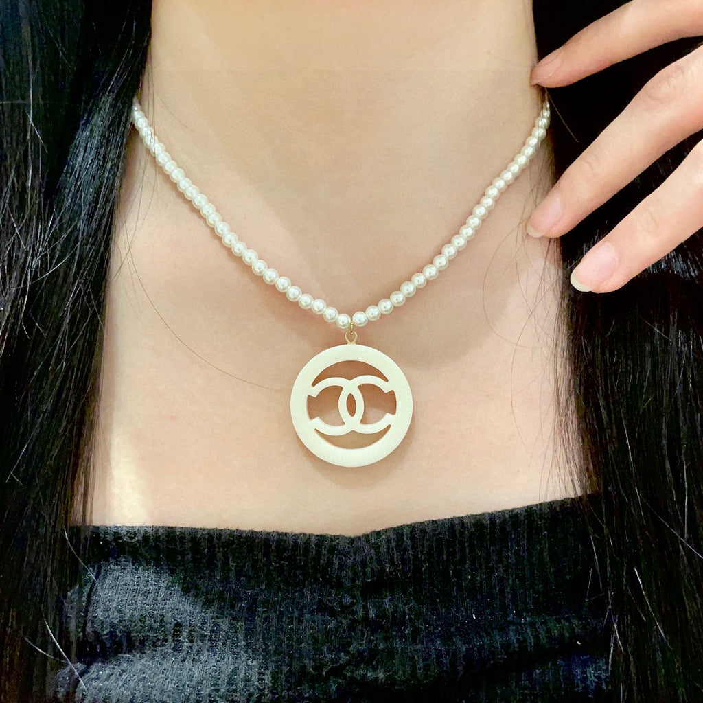 Double-C Emblem Pearl-Detail Pendant Necklace – Pearl Detail – Design 098 main product view