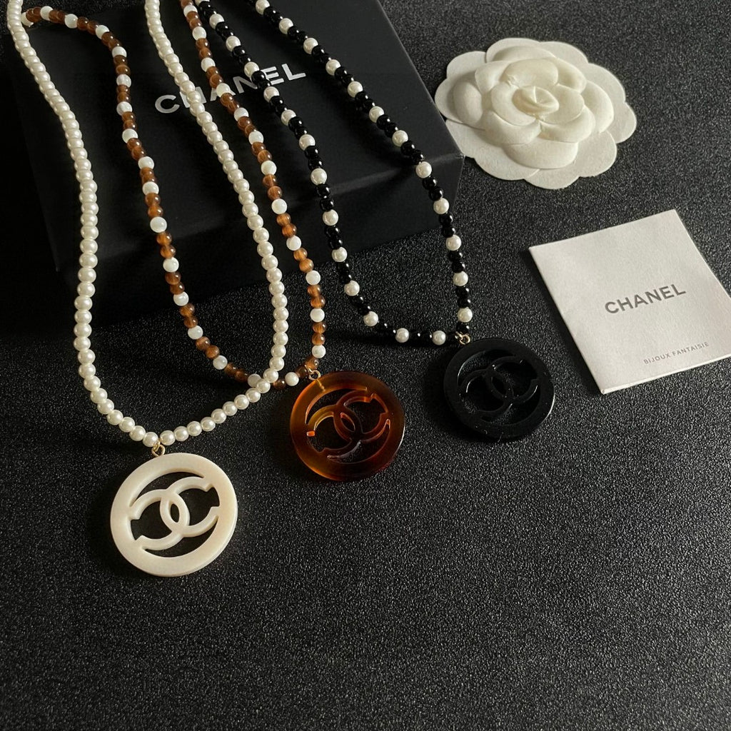 Double-C Emblem Pearl-Detail Pendant Necklace – Pearl Detail – Design 098 side detail