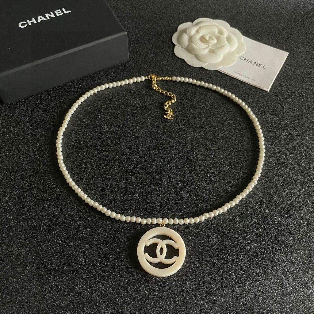 Double-C Emblem Pearl-Detail Pendant Necklace – Pearl Detail – Design 098 detail view