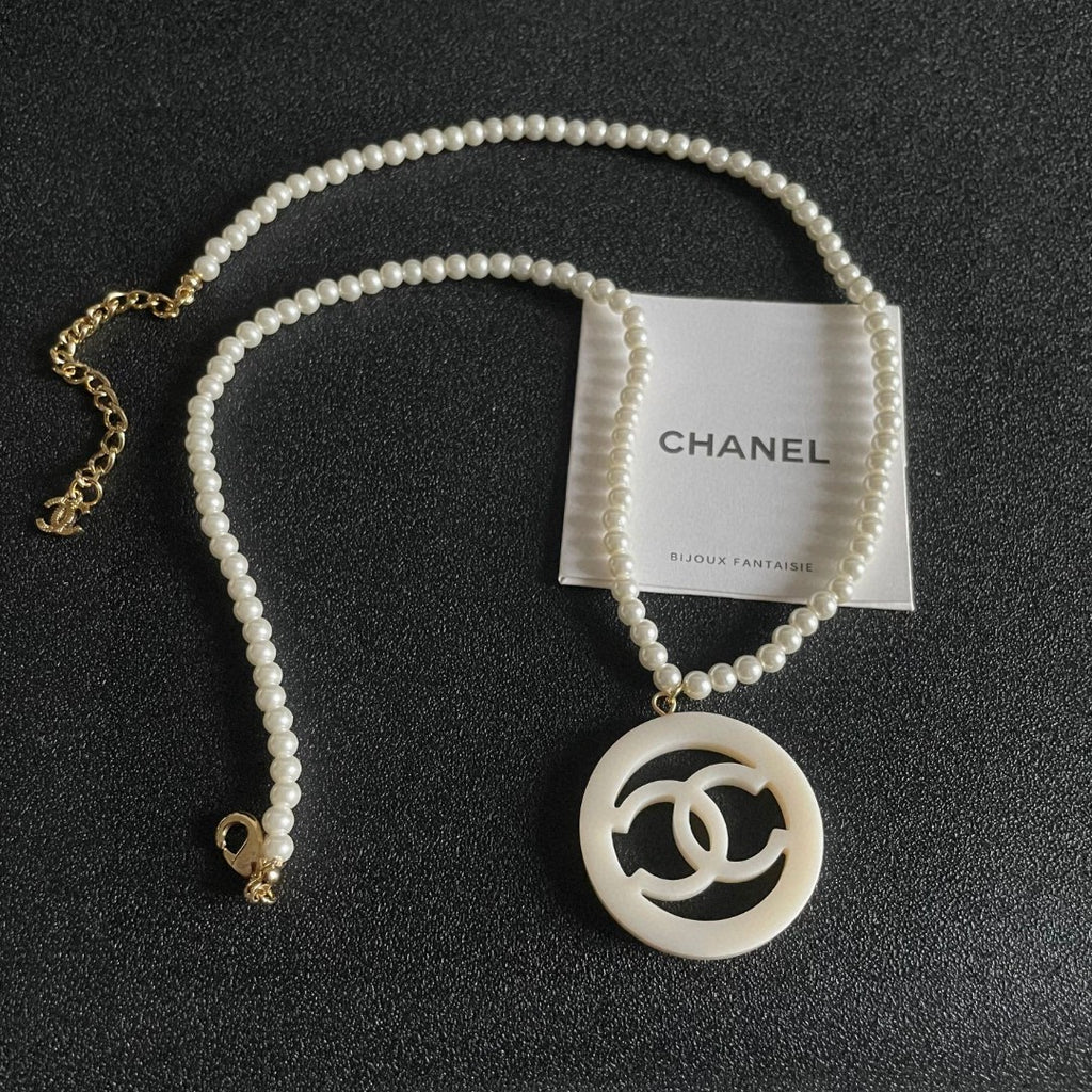 Double-C Emblem Pearl-Detail Pendant Necklace – Pearl Detail – Design 098 front product view