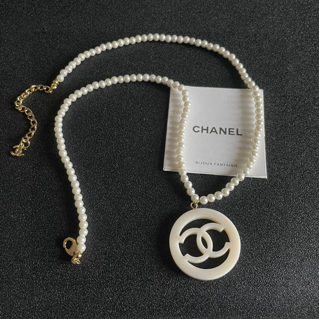 Double-C Emblem Pearl-Detail Pendant Necklace – Pearl Detail – Design 098 front product view