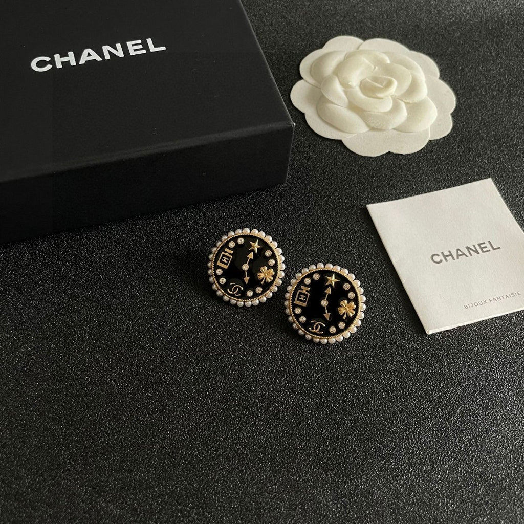 Double-C Emblem Stud Earrings in Polished Metal-Tone – Design 019 styled product view
