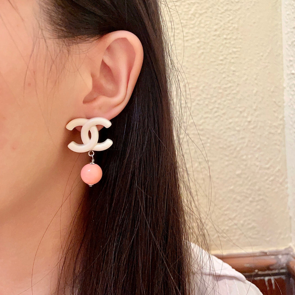 Double-C Emblem Pearl-Detail Statement Earrings – Pearl Detail – Design 006 detail view