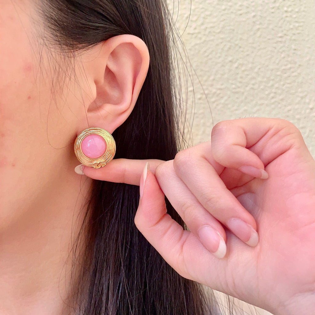 Double-C Emblem Stud Earrings in Polished Metal-Tone – Design 342 front product view