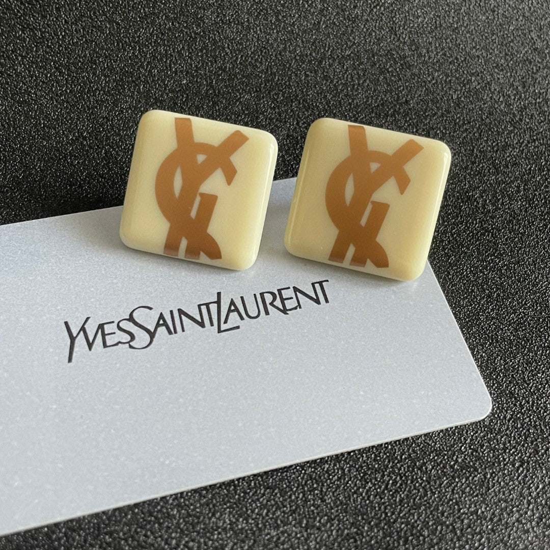 Letter Emblem Stud Earrings in Polished Metal-Tone – Design 015 front product view