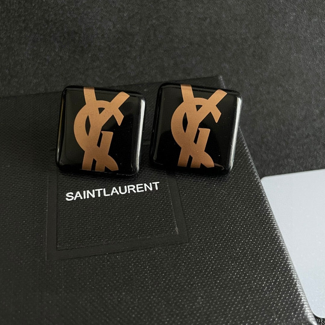 Letter Emblem Stud Earrings in Polished Metal-Tone – Design 014 detail view