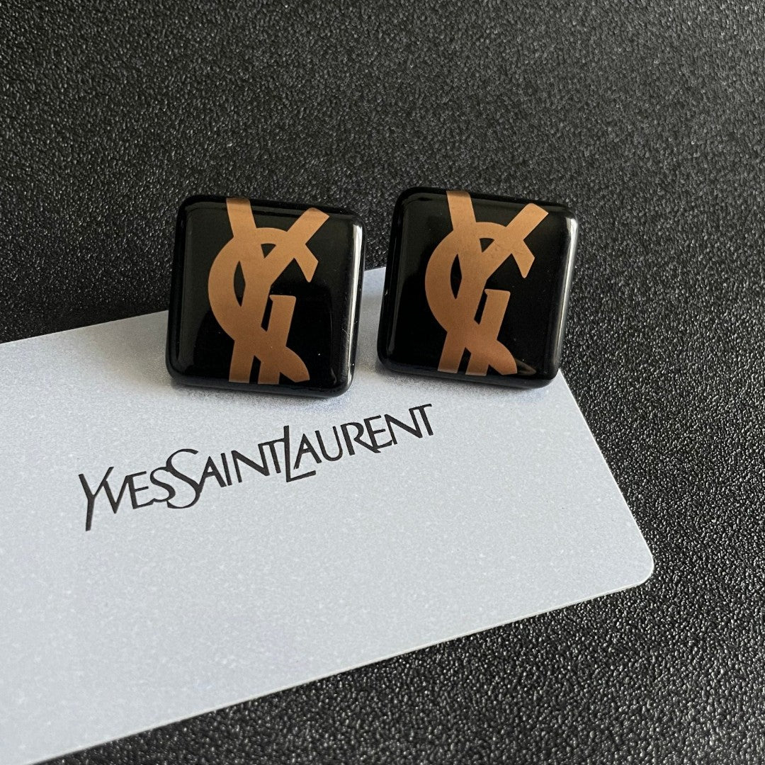 Letter Emblem Stud Earrings in Polished Metal-Tone – Design 017 front product view