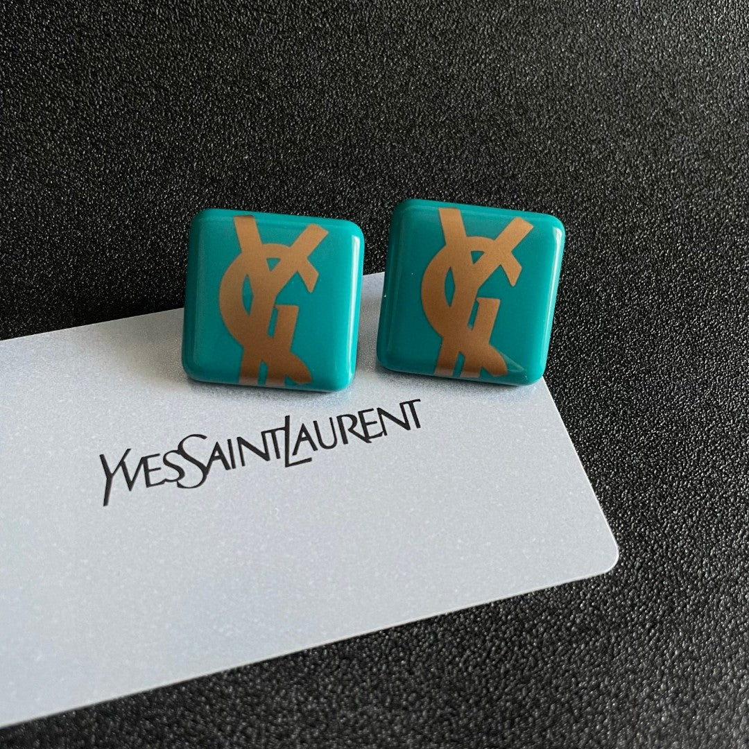 Letter Emblem Stud Earrings in Polished Metal-Tone – Design 002 front product view