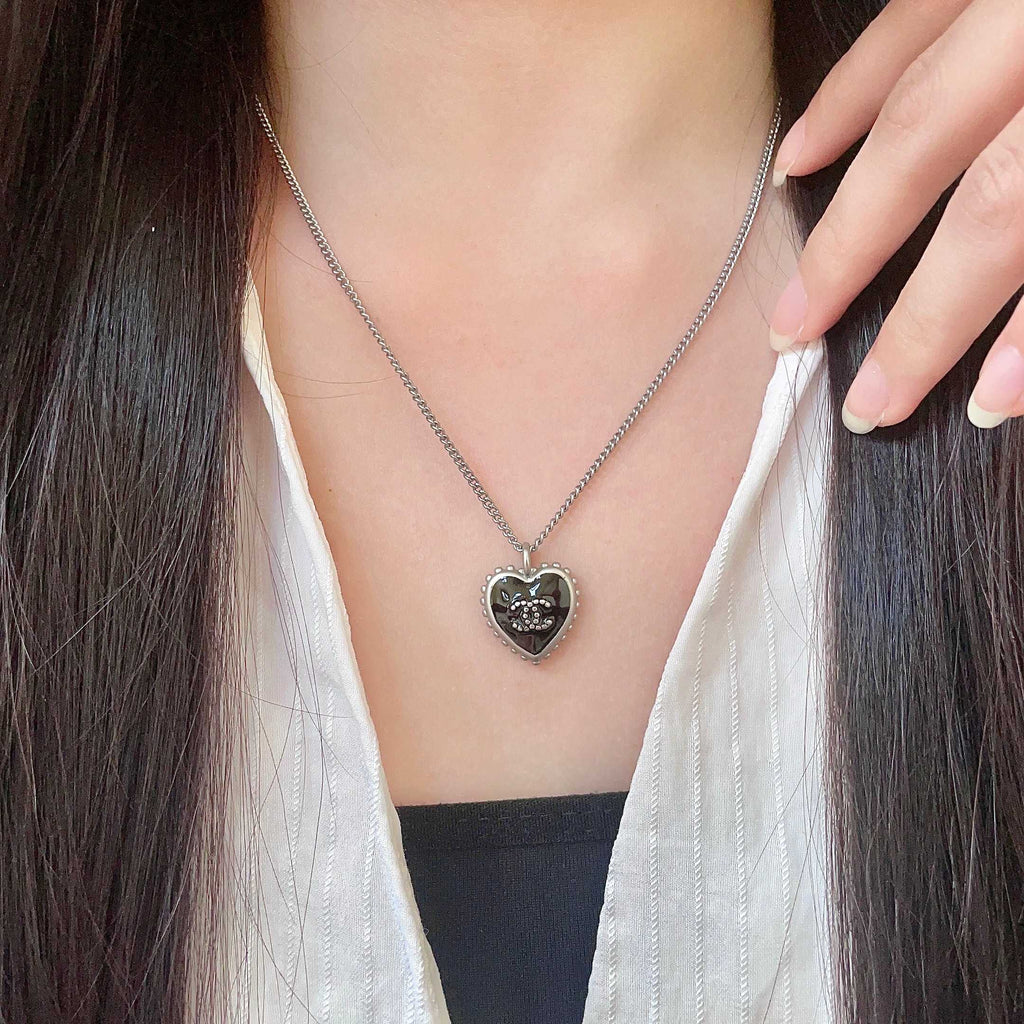 Double-C Emblem Pendant Necklace in Polished Metal-Tone – Heart Detail – Design 005 main product view