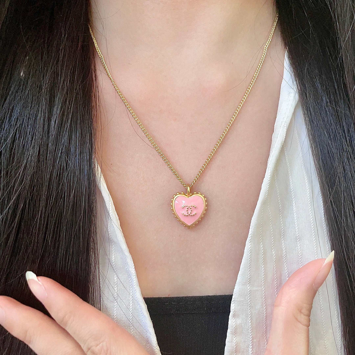 Double-C Emblem Pendant Necklace in Polished Metal-Tone – Heart Detail – Design 004 front product view