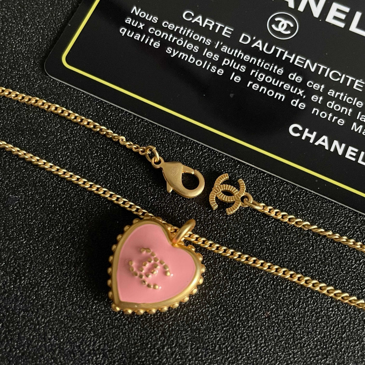 Double-C Emblem Pendant Necklace in Polished Metal-Tone – Heart Detail – Design 002 main product view