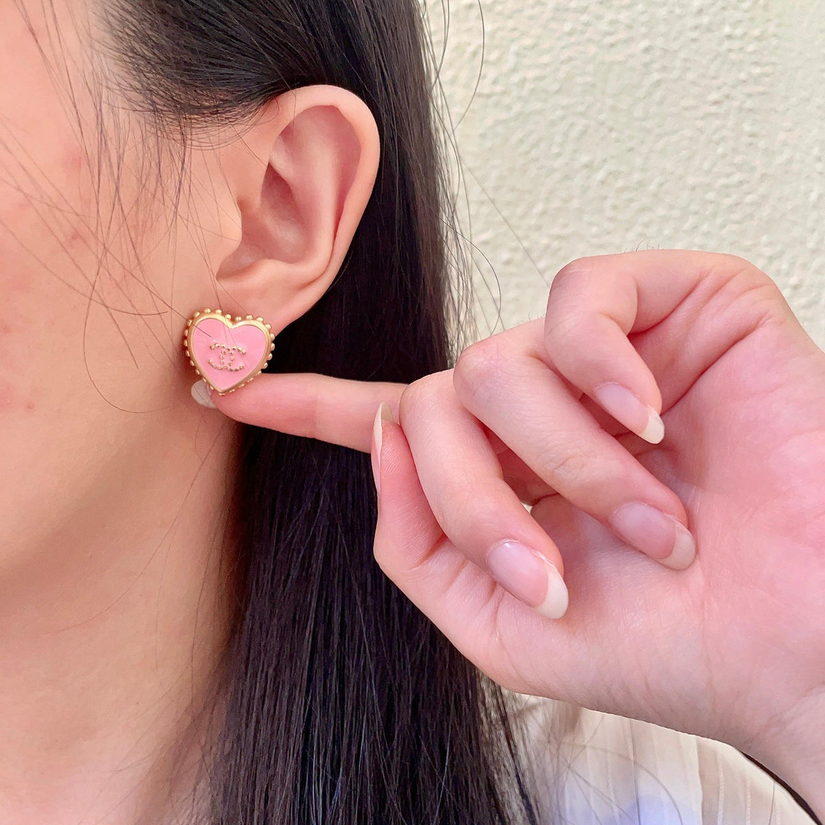 Double-C Emblem Stud Earrings in Polished Metal-Tone – Heart Detail – Design 011 front product view