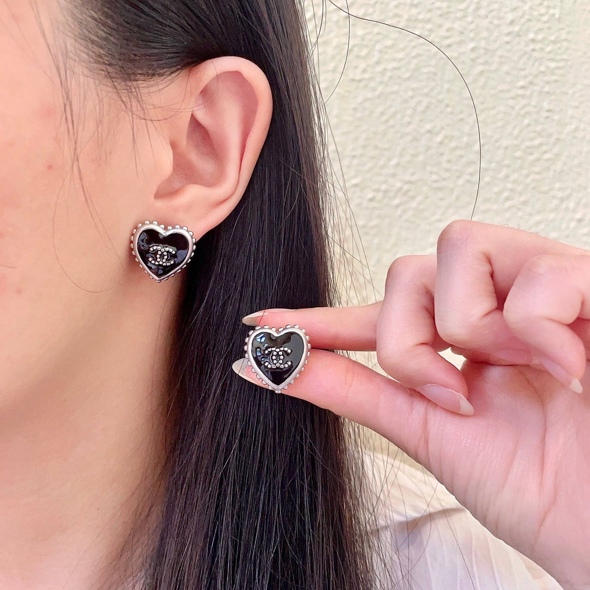 Double-C Emblem Stud Earrings in Polished Metal-Tone – Heart Detail – Design 012 main product view