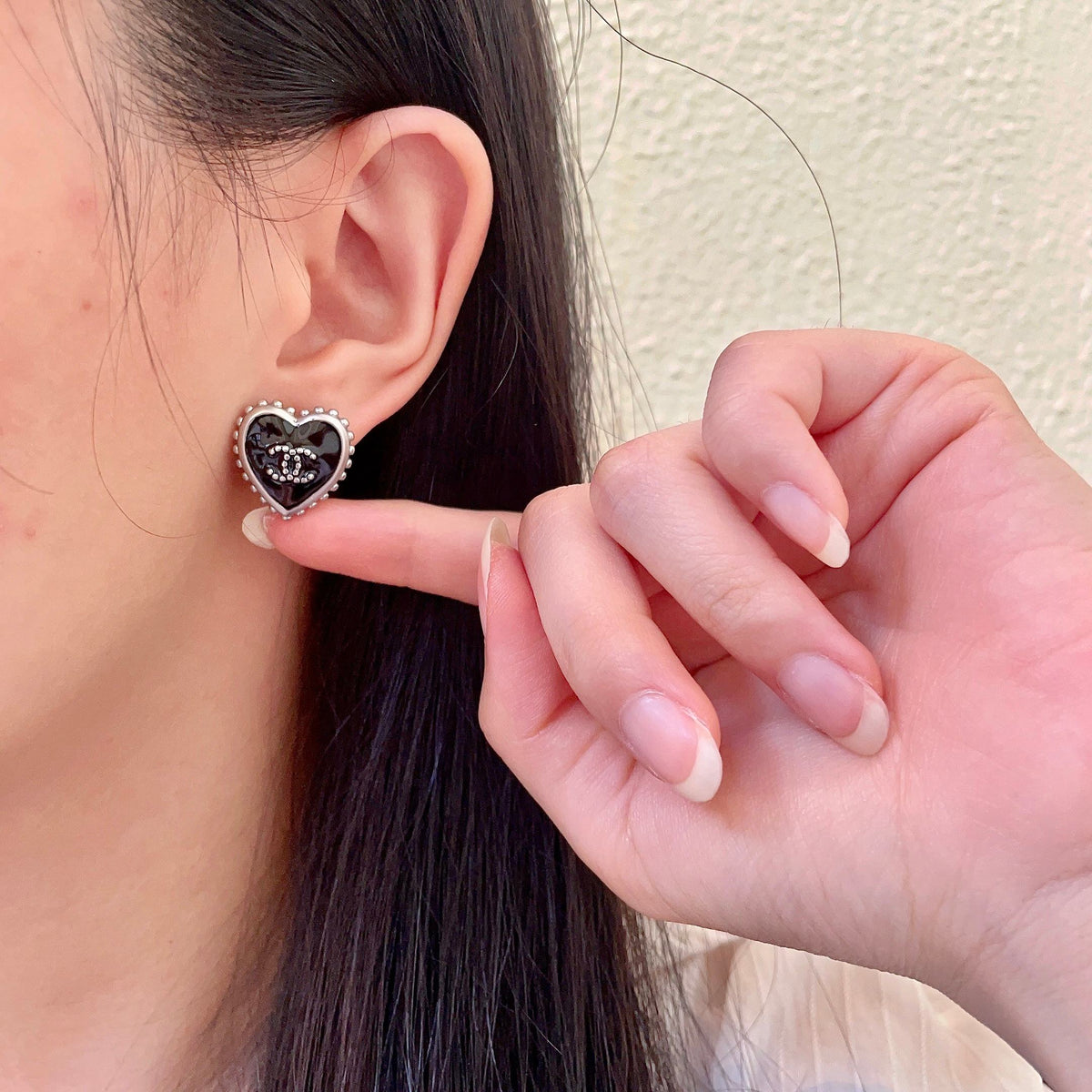 Double-C Emblem Stud Earrings in Polished Metal-Tone – Heart Detail – Design 012 front product view