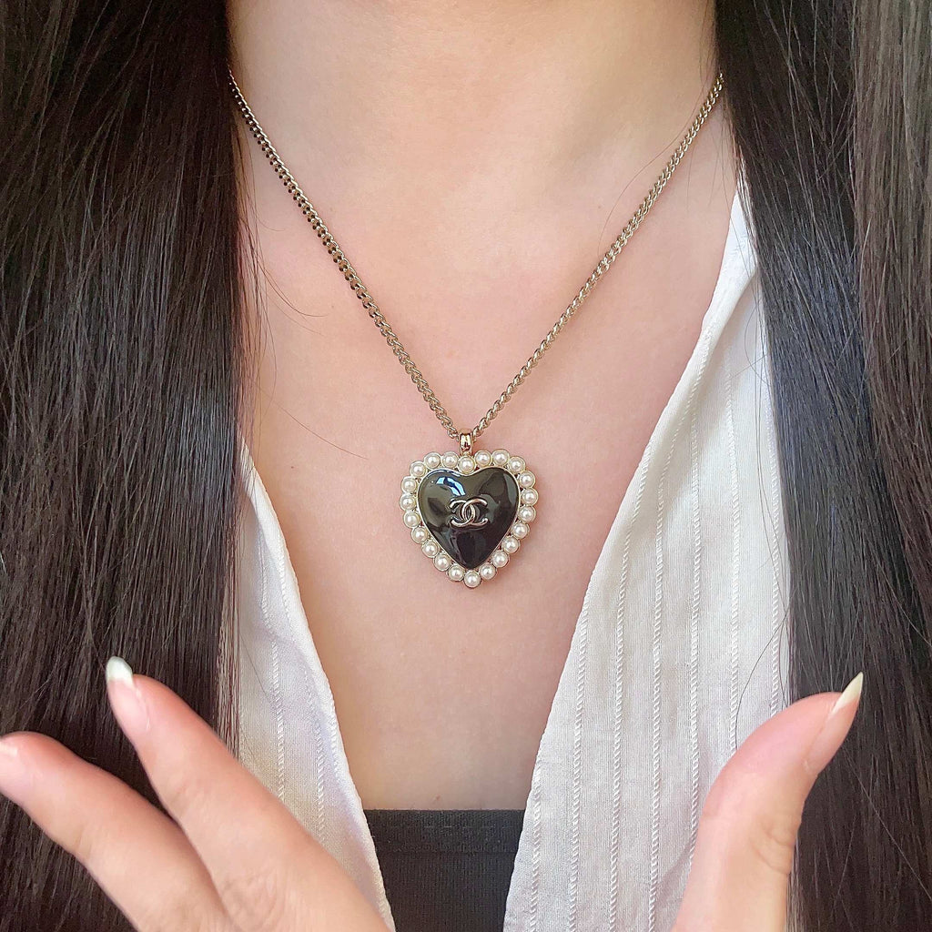 Double-C Emblem Pearl-Detail Pendant Necklace – Pearl Detail – Design 125 front product view