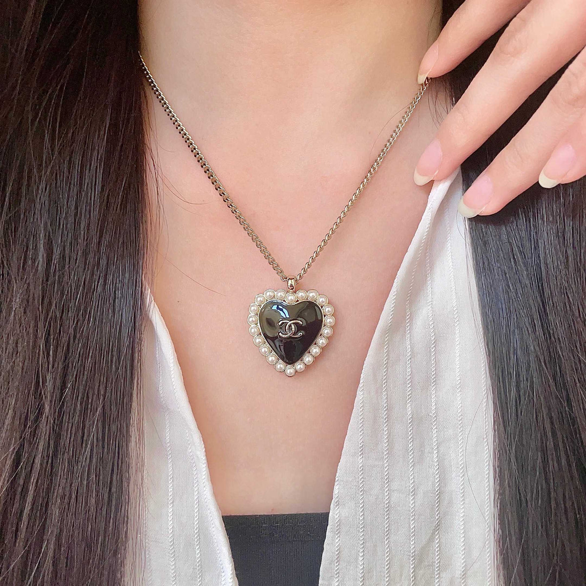 Double-C Emblem Pearl-Detail Pendant Necklace – Pearl Detail – Design 125 main product view