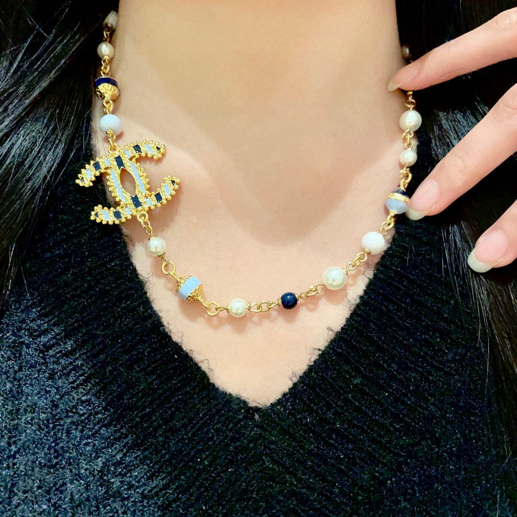Double-C Emblem Pearl-Detail Pendant Necklace – Pearl Detail – Design 093 detail view