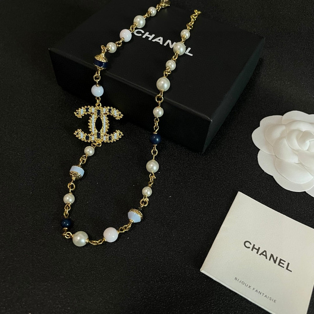 Double-C Emblem Pearl-Detail Pendant Necklace – Pearl Detail – Design 093 main product view