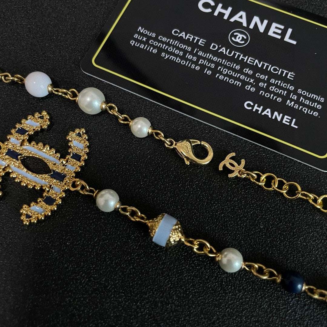 Double-C Emblem Pearl-Detail Pendant Necklace – Pearl Detail – Design 093 detail view