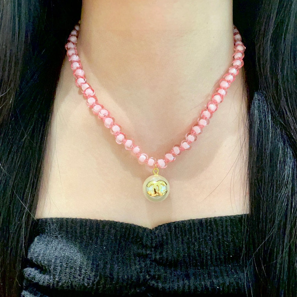 Double-C Emblem Pearl-Detail Pendant Necklace – Pearl Detail – Design 092 detail view
