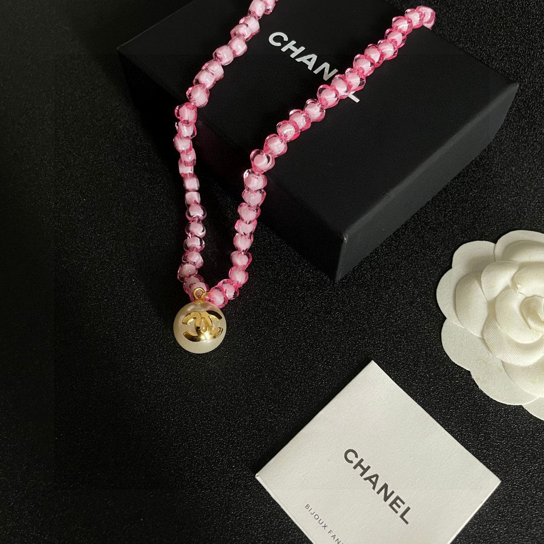 Double-C Emblem Pearl-Detail Pendant Necklace – Pearl Detail – Design 092 close-up detail