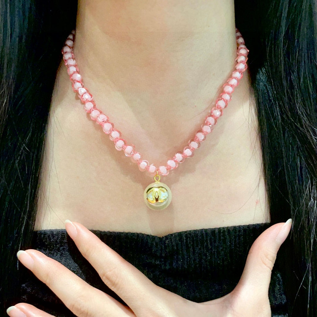 Double-C Emblem Pearl-Detail Pendant Necklace – Pearl Detail – Design 092 front product view