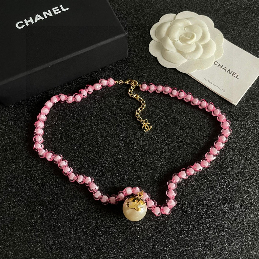Double-C Emblem Pearl-Detail Pendant Necklace – Pearl Detail – Design 087 detail view