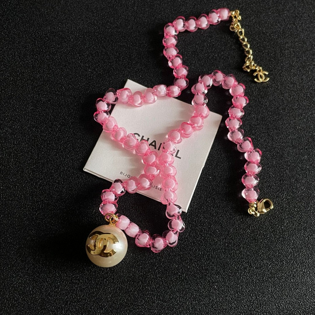 Double-C Emblem Pearl-Detail Pendant Necklace – Pearl Detail – Design 010 front product view