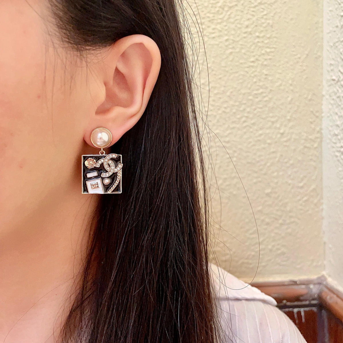 Double-C Emblem Statement Earrings in Polished Metal-Tone – Design 055 detail view