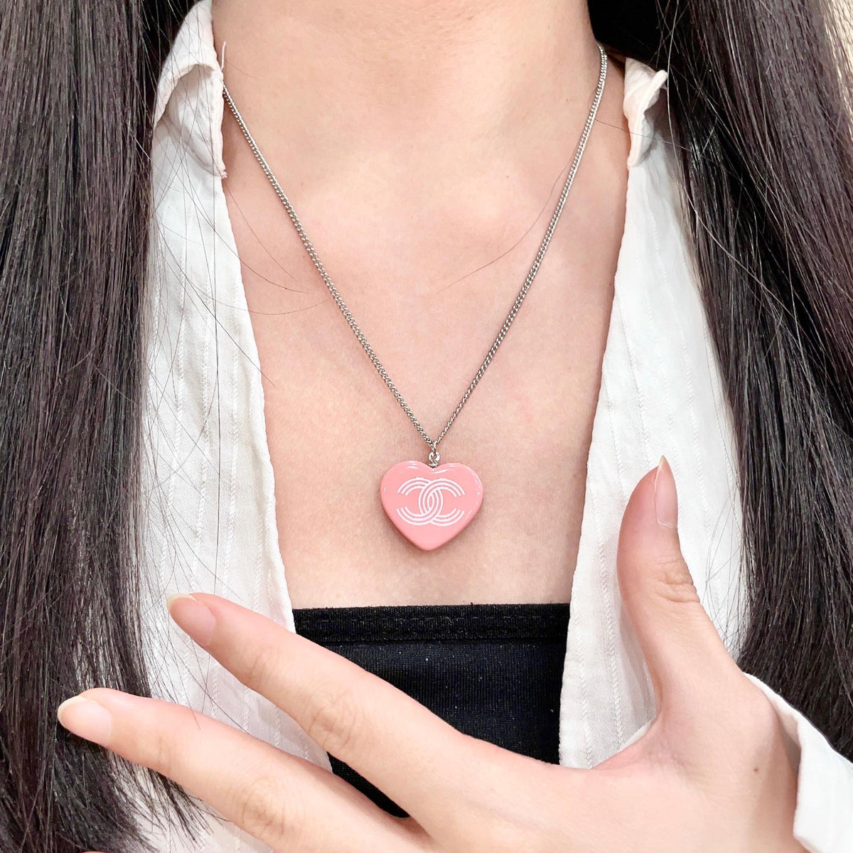 Double-C Emblem Pendant Necklace in Polished Metal-Tone – Heart Detail – Design 006 front product view