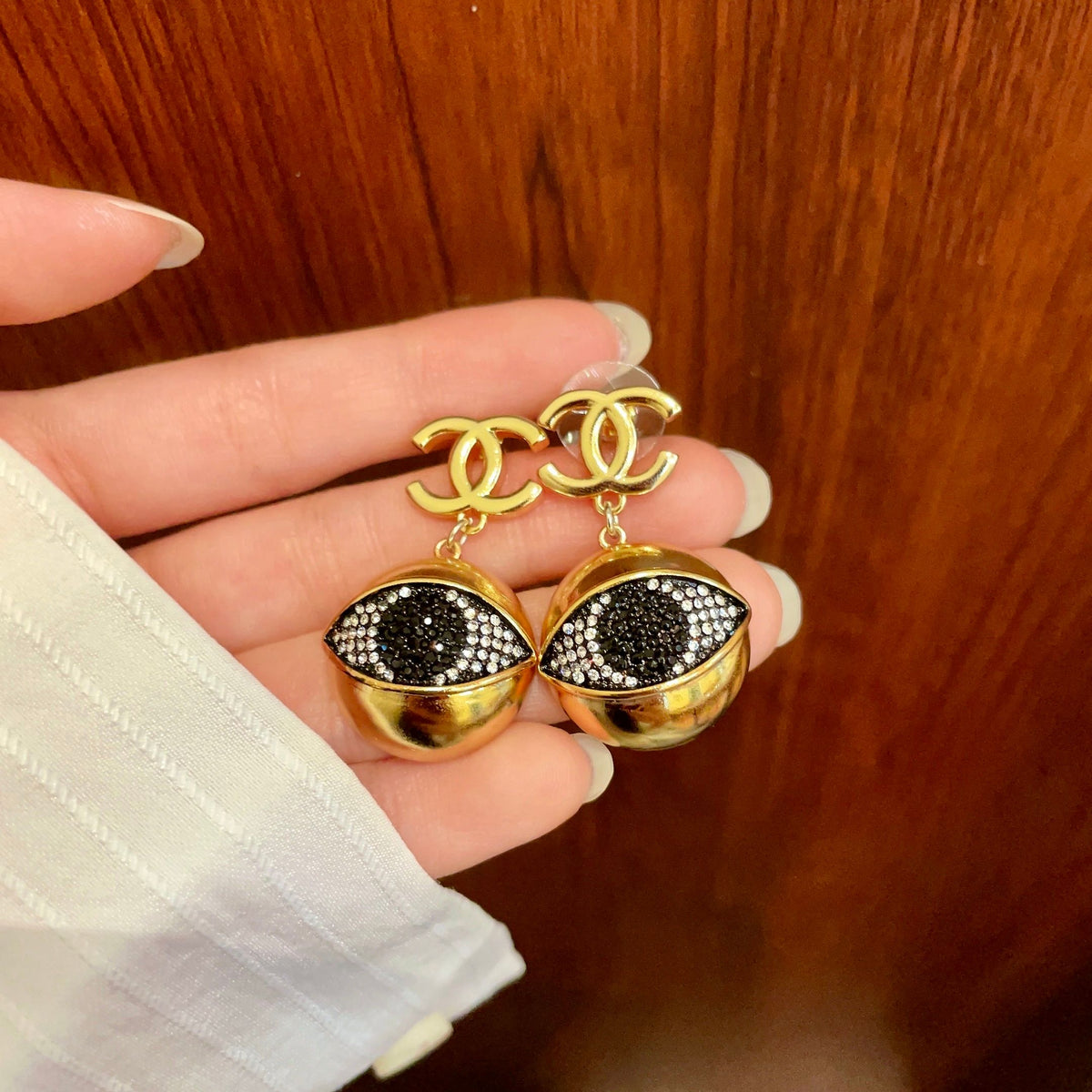 Double-C Emblem Statement Earrings in Polished Metal-Tone – Design 058 detail view