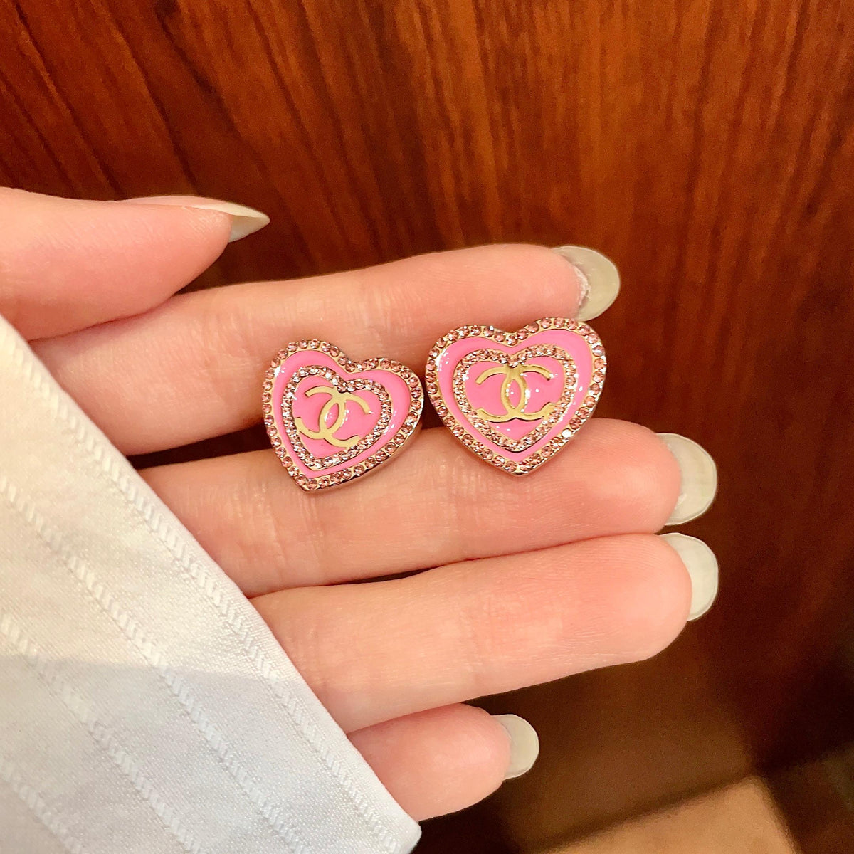 Double-C Emblem Crystal-Accent Stud Earrings – Heart Detail – Design 007 side detail