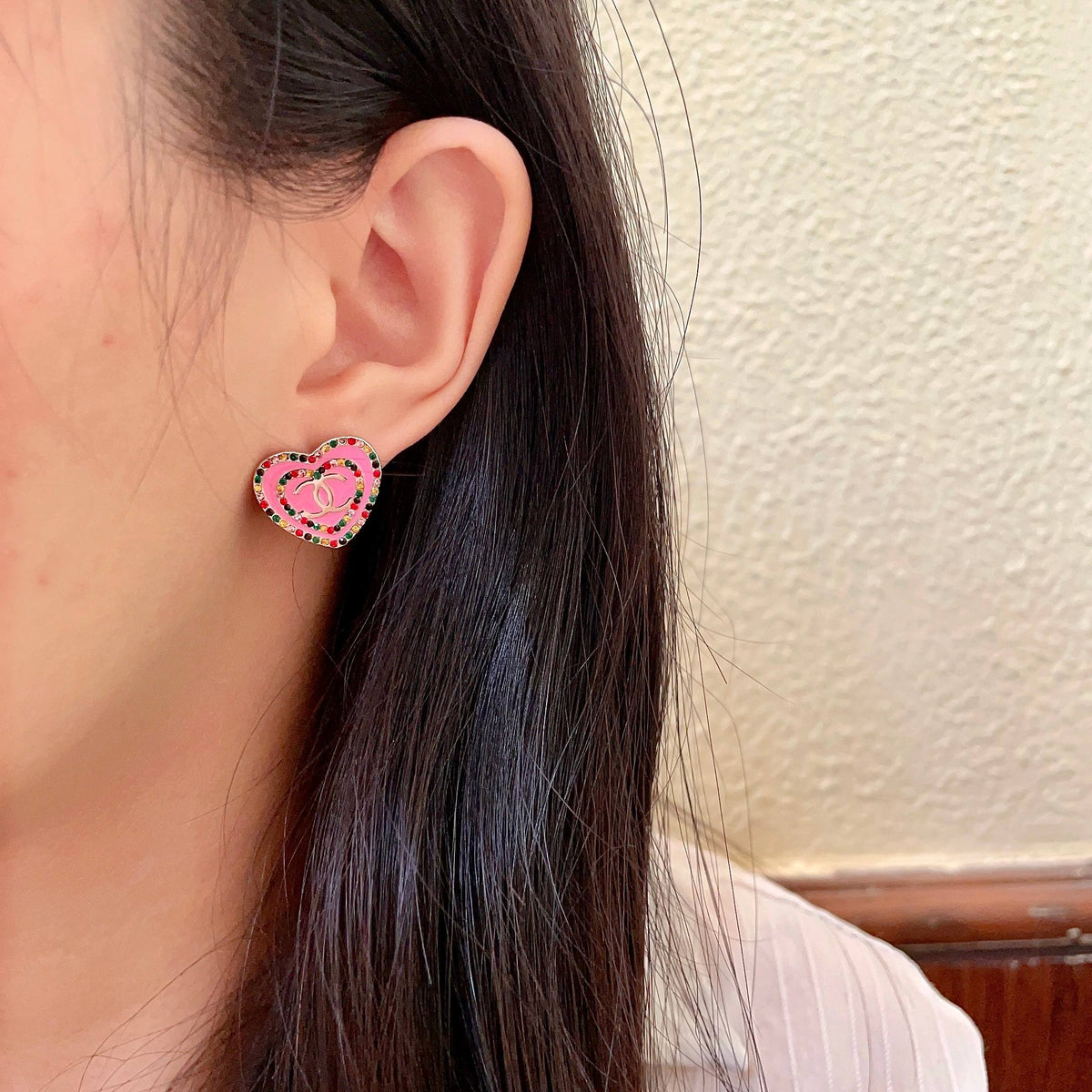 Double-C Emblem Crystal-Accent Stud Earrings – Heart Detail – Design 002 detail view
