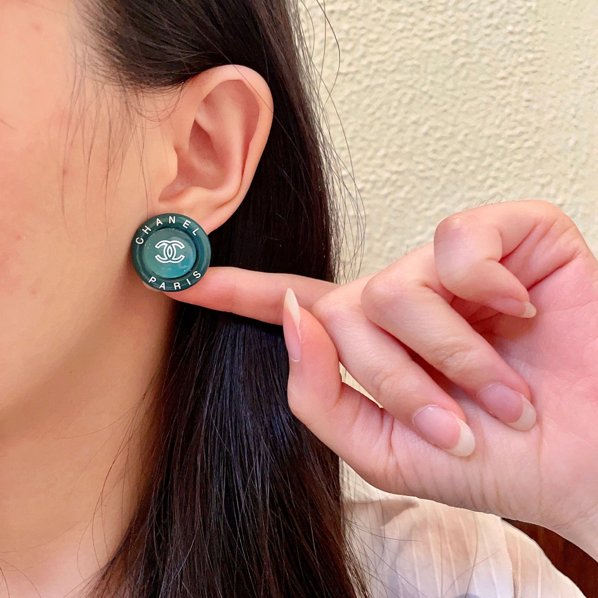 Double-C Emblem Stud Earrings in Polished Metal-Tone – Design 357 front product view