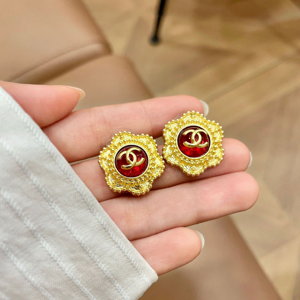 Double-C Emblem Stud Earrings in Polished Metal-Tone – Design 339 side detail