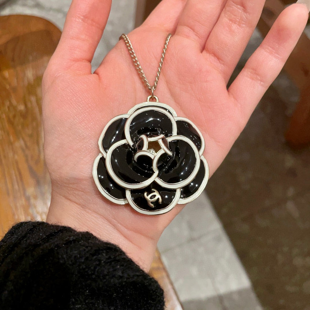 Camellia Pendant Necklace in Polished Metal-Tone – Camellia Detail – Design 027 side detail