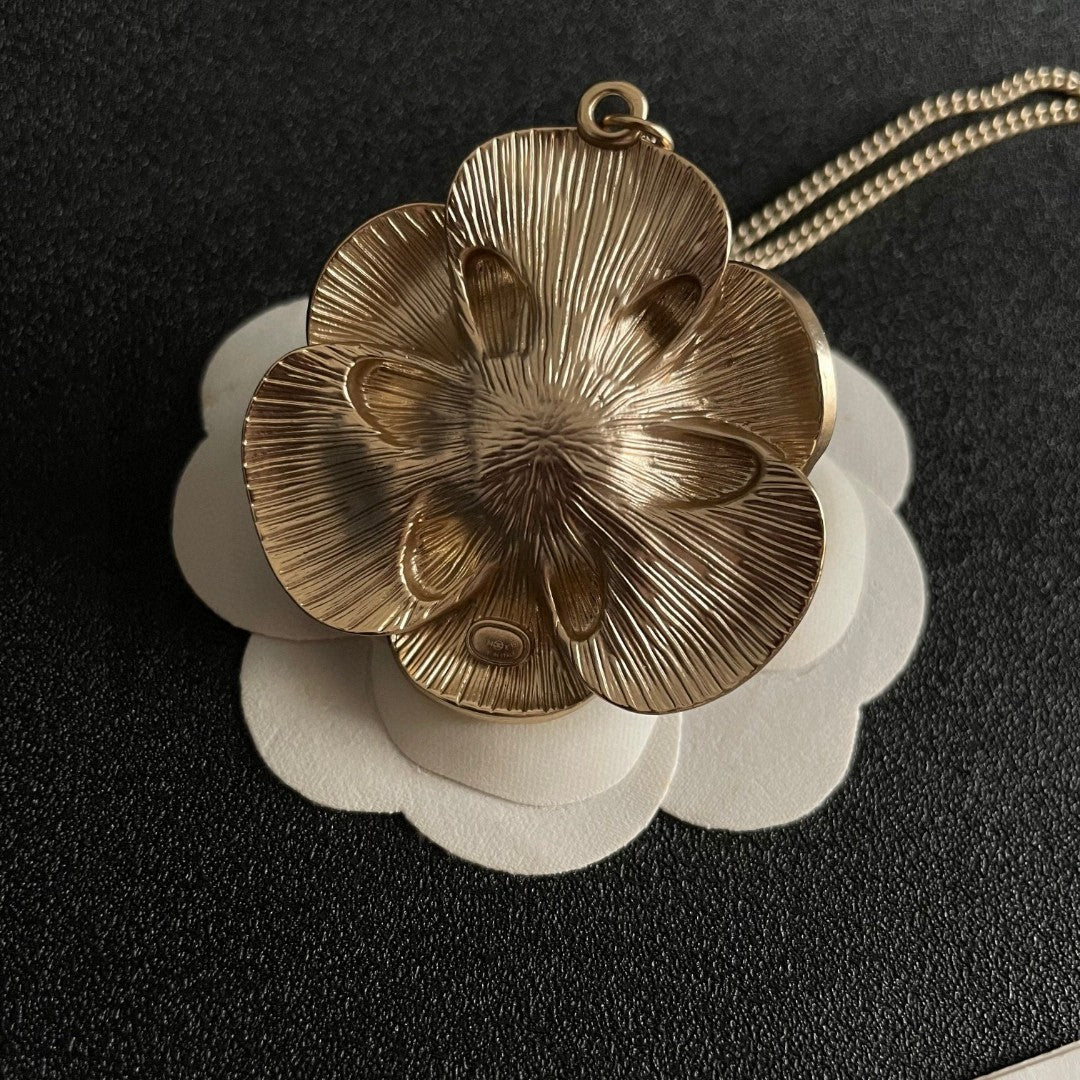 Camellia Pendant Necklace in Polished Metal-Tone – Camellia Detail – Design 029 front product view