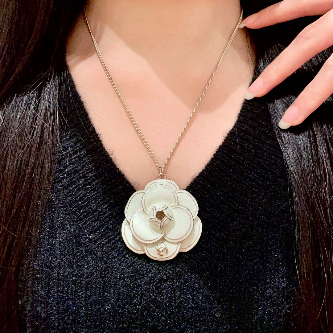 Camellia Pendant Necklace in Polished Metal-Tone – Camellia Detail – Design 028 main product view