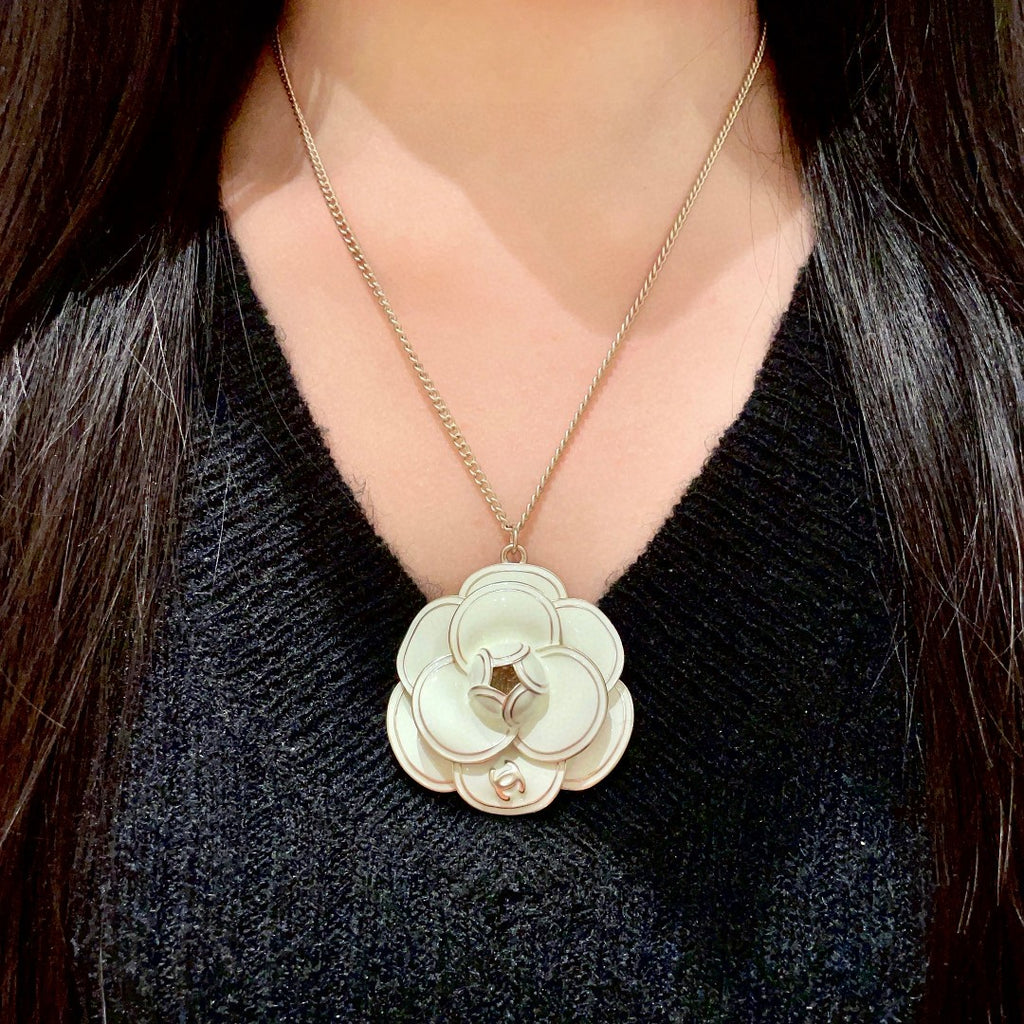 Camellia Pendant Necklace in Polished Metal-Tone – Camellia Detail – Design 026 detail view