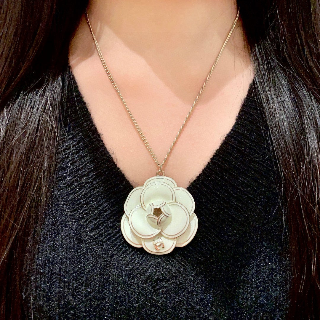 Camellia Pendant Necklace in Polished Metal-Tone – Camellia Detail – Design 028 detail view