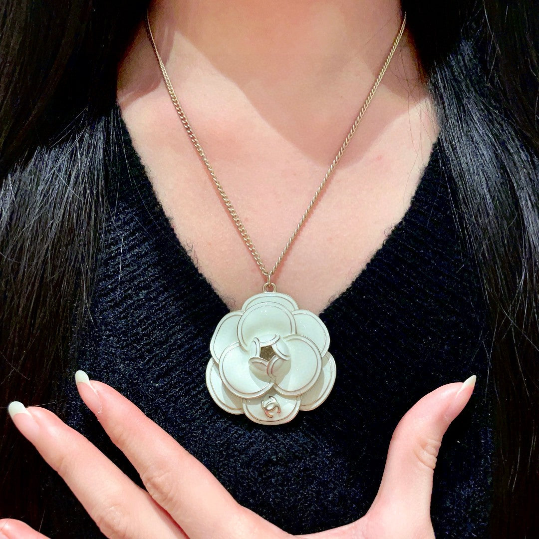 Camellia Pendant Necklace in Polished Metal-Tone – Camellia Detail – Design 007 front product view