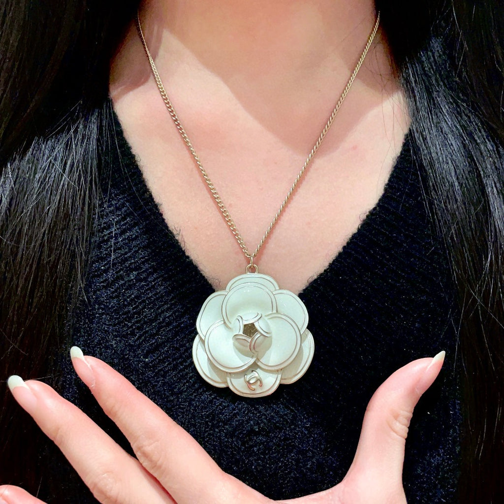 Camellia Pendant Necklace in Polished Metal-Tone – Camellia Detail – Design 026 front product view