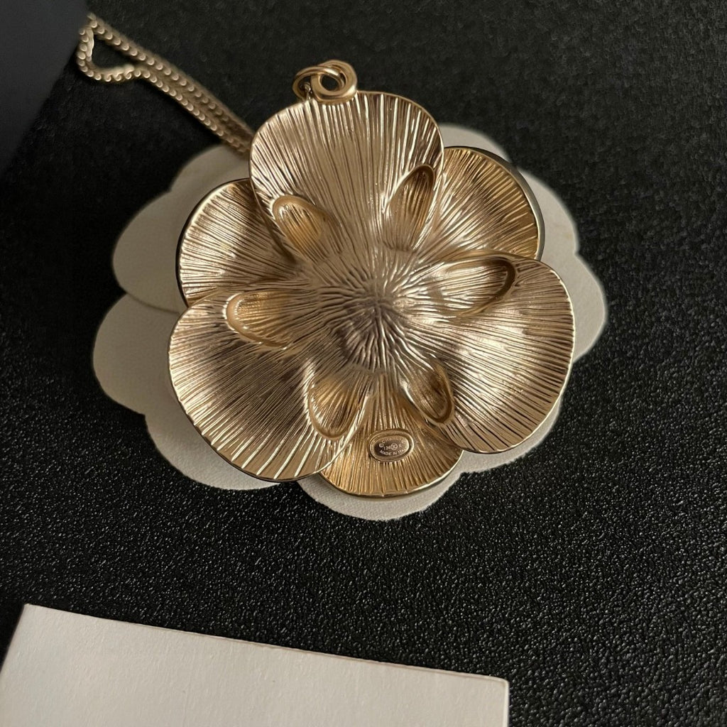 Camellia Pendant Necklace in Polished Metal-Tone – Camellia Detail – Design 026 front product view